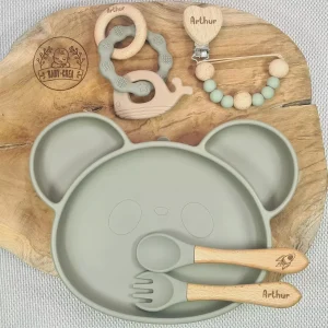 Coffret Bébé Personnalisé – Assiette Panda, Couverts, Attache & Anneau