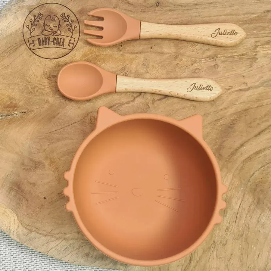 Coffret Bébé Personnalisé – Bol Chat & Couverts Gravés au Prénom – Image 4