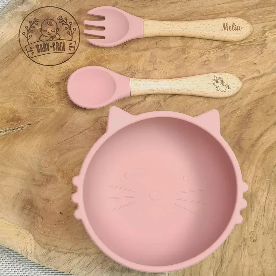 Coffret Bébé Personnalisé – Bol Chat & Couverts Gravés au Prénom – Image 2
