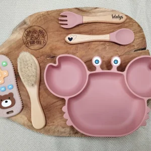 Coffret Bébé Personnalisé – Assiette Crabe, Peigne et Jouet Dentition