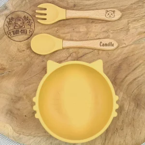 Coffret Bébé Personnalisé – Bol Chat & Couverts Gravés au Prénom