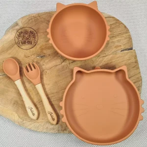 Coffret Repas Bébé Personnalisé – Assiette Chat, Bol & Couverts Gravés