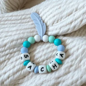 Anneau de Dentition Personnalisé en Silicone – Modèle Plume Bleue 💧