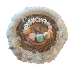 Anneau de Dentition Personnalisé Cœur en Bois, Perles Hexagonales & Silicone 💎